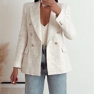 Elegant Cream Double-Breasted Women's Blazer